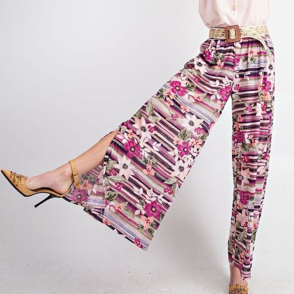NEW! Super Cute Boho Floral Pattern Lightweight Wide Leg Pants Elastic Waist - Picture 1 of 6
